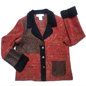 Vtg Tapestry Patch Studio G Sport Faux Fur Jacket Women's Large Blazer Made USA